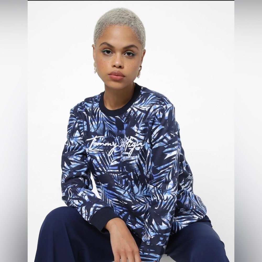 Tommy Hilfiger Blue and White Leaf Print Hoodie